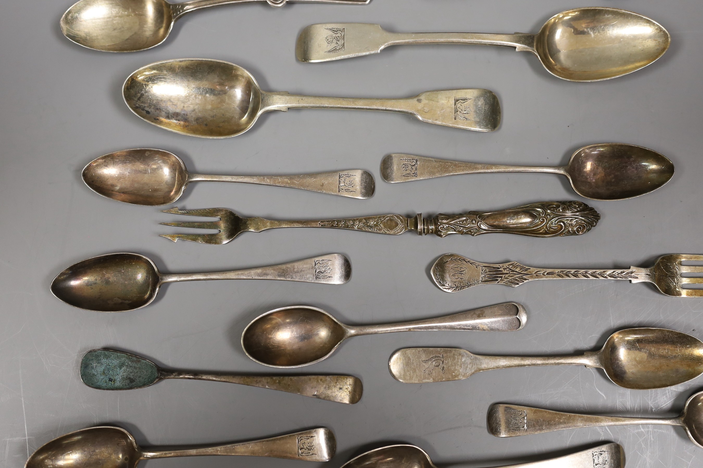 A set of six Victorian provincial silver Old English pattern teaspoons by Josiah Williams & Co, Exeter, 1877 and a small quantity of mainly 19th century silver flatware and a plated teaspoon and pickle fork, weighable si
